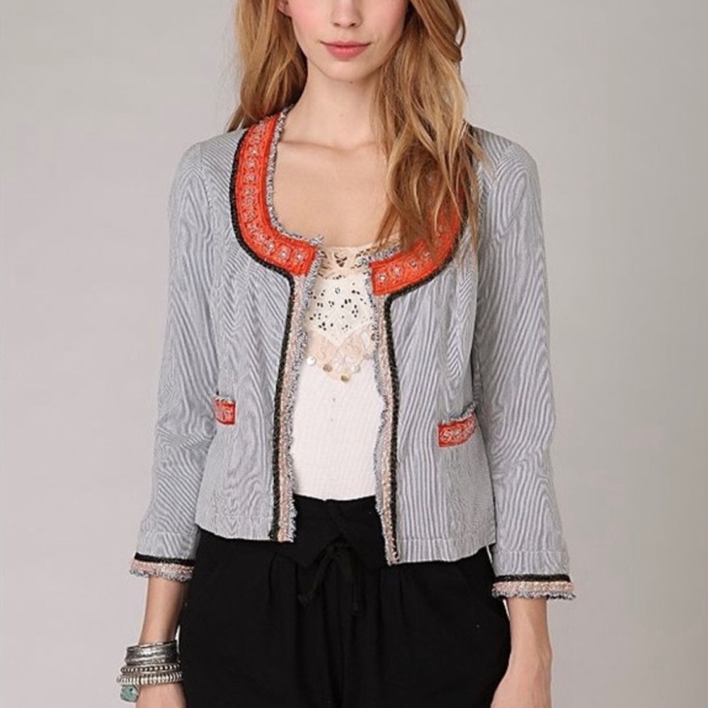 Free People Pinstripe Beaded My Fair Lady Jacket Size 12